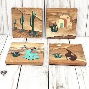 Southwestern Sandstone Coaster Set Vintage Hand Painted Desert Art w/ Holder